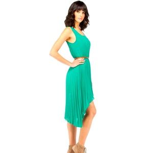 Bebe XS Teal-Green Tank Dress with Pleated High Low Skirt
